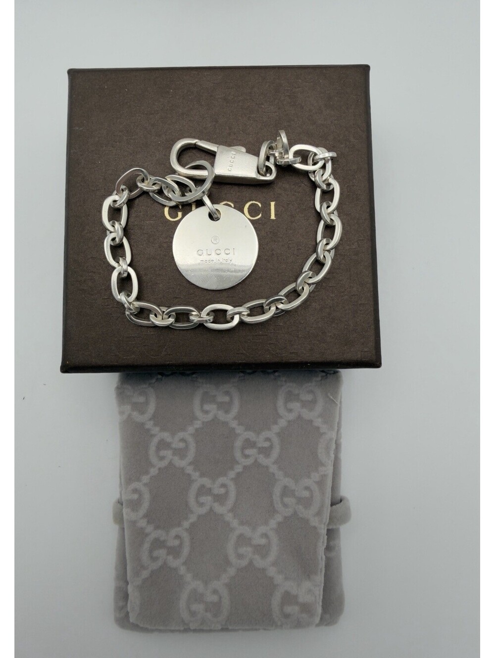 Gucci Trademark Logo 925 Silver Round Tag Bracelet Chunky Chain Full Set 7.5